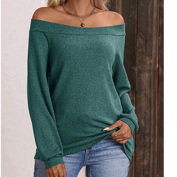 Solid Teal Green Off shoulder Loose Fit Long sleeve Top - Picture 8 of 8